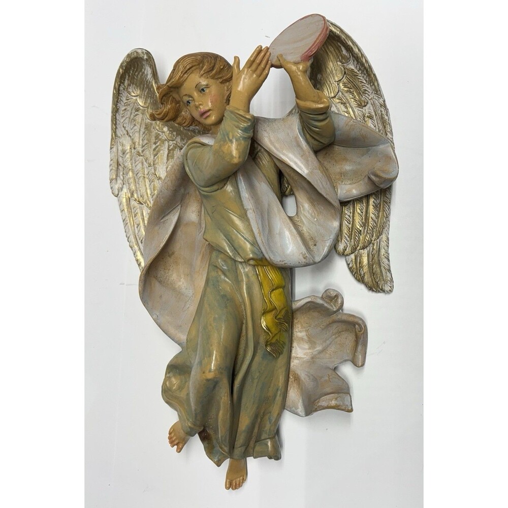Vintage Italy Angel Wall Plaque‎ Tambourine Cherub Chalkware Gold Wings 11"